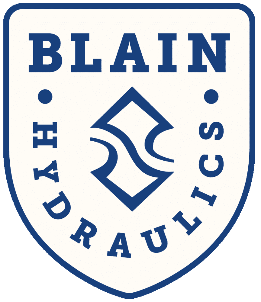 Blain Hydraulics logo - professional shield-shaped brand design featuring navy blue BLAIN text with diamond geometric symbol and curved HYDRAULICS text on cream background representing hydraulics expertise
