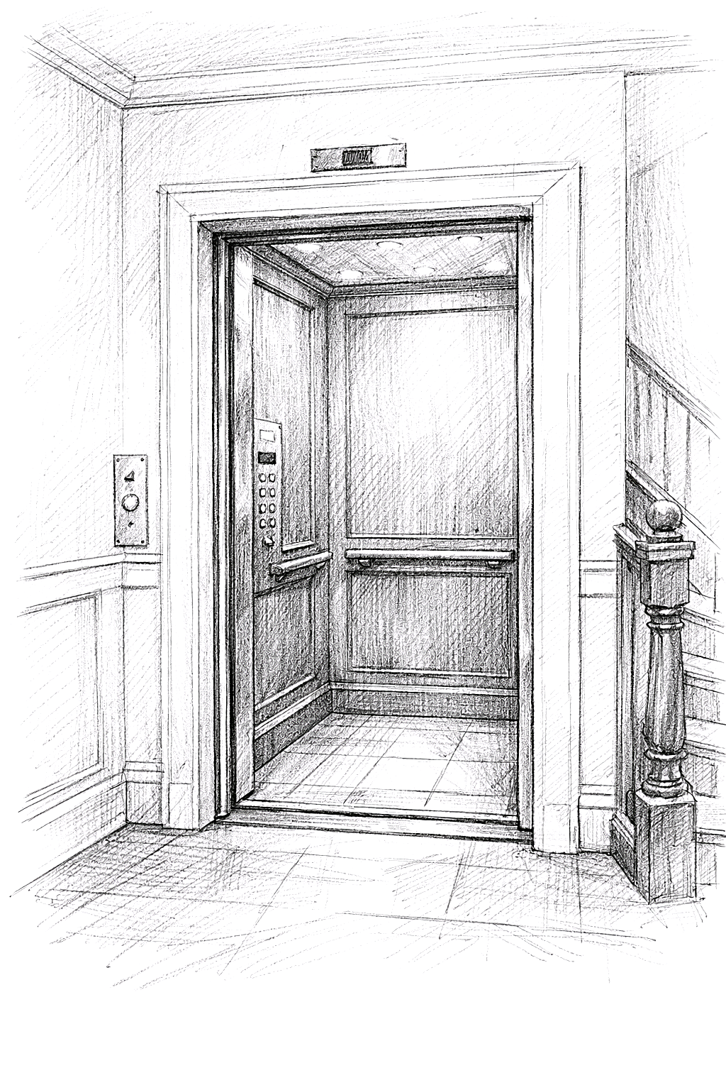 Residential elevator cab sketch showing interior design and gate components
